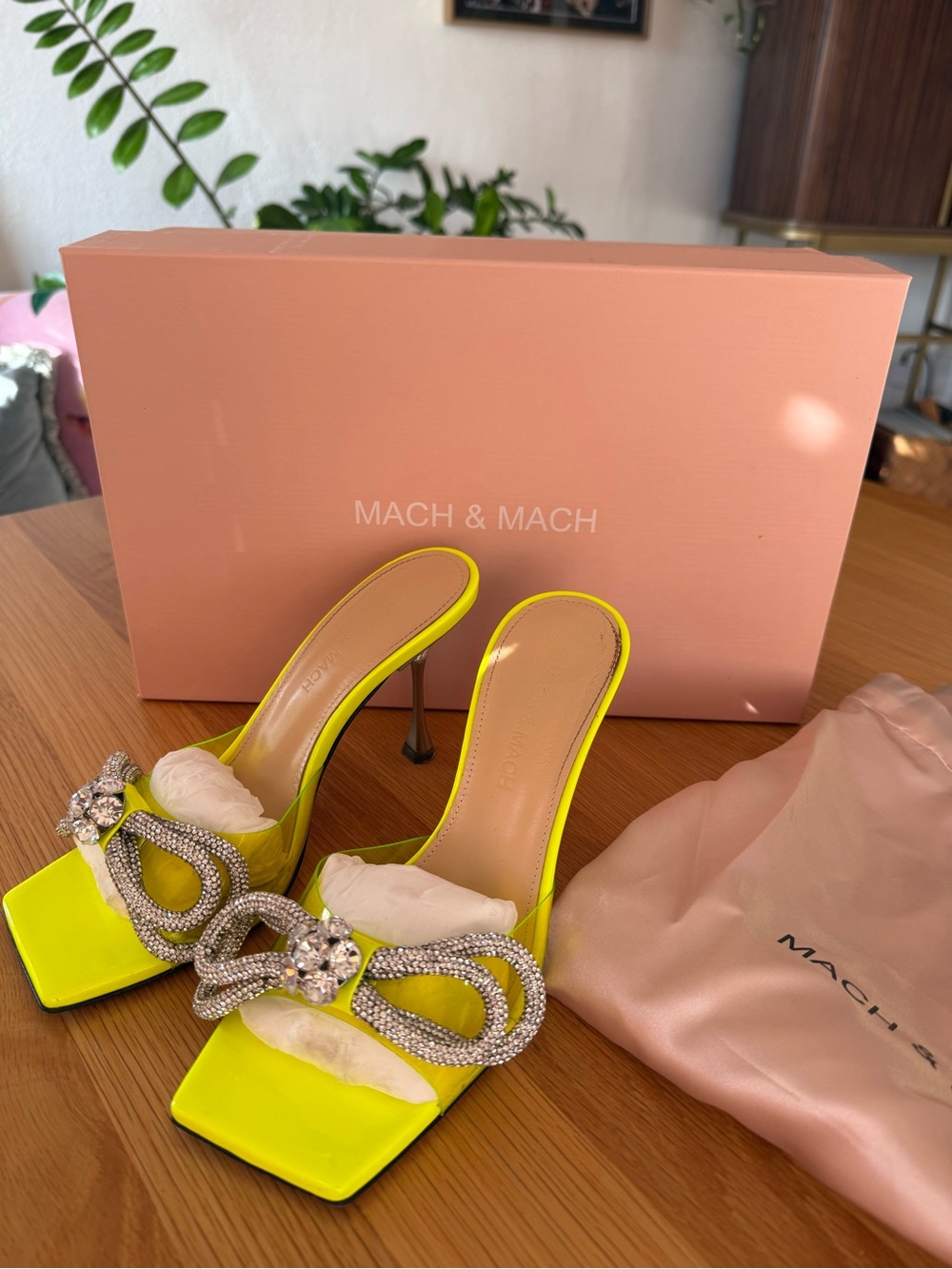MACH & MACH Neon Yellow Crystal Knot Stiletto Mules